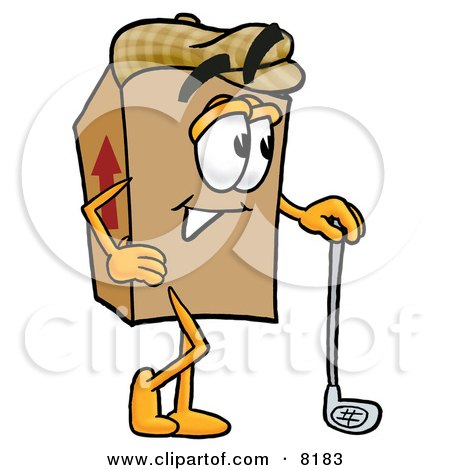 Clipart Picture of a Cardboard Box Mascot Cartoon Character Leaning on a Golf Club While Golfing by Mascot Junction