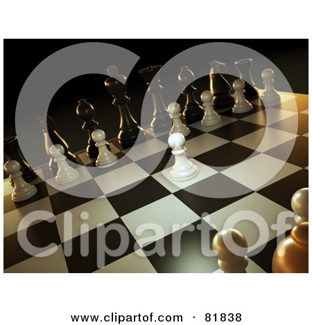 Royalty-Free (RF) Clipart Illustration of a 3d Angled Scene Of A Chess Game, A White Pawn Forward by Mopic