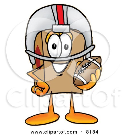Clipart Picture of a Cardboard Box Mascot Cartoon Character in a Helmet, Holding a Football by Mascot Junction