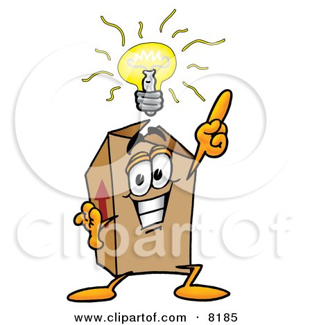 Clipart Picture of a Cardboard Box Mascot Cartoon Character With a Bright Idea by Mascot Junction