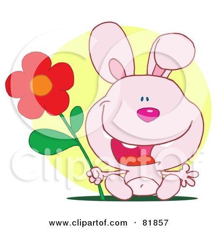 Royalty-Free (RF) Clipart Illustration of a Happy Pink Bunny Rabbit Holding A Flower In Front Of A Yellow Circle by Hit Toon