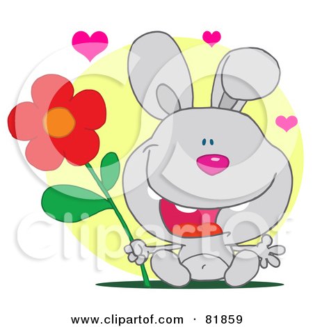 Royalty-Free (RF) Clipart Illustration of a Sweet Gray Bunny Rabbit Holding A Flower Under Hearts In Front Of A Yellow Circle by Hit Toon