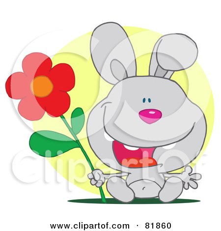 Royalty-Free (RF) Clipart Illustration of a Happy Gray Bunny Rabbit Holding A Flower In Front Of A Yellow Circle by Hit Toon
