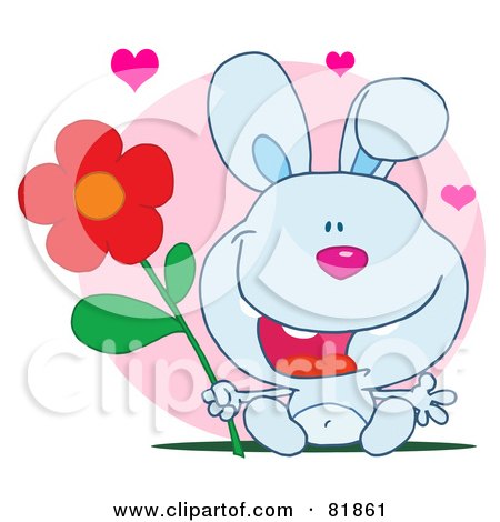 Royalty-Free (RF) Clipart Illustration of a Sweet Blue Bunny Rabbit Holding A Flower Under Hearts In Front Of A Pink Circle by Hit Toon