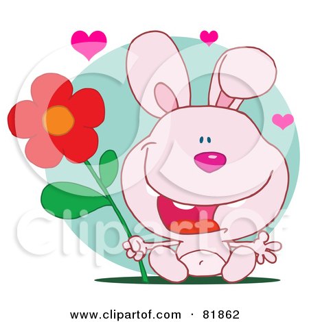 Royalty-Free (RF) Clipart Illustration of a Sweet Pink Bunny Rabbit Holding A Flower Under Hearts In Front Of A Green Circle by Hit Toon