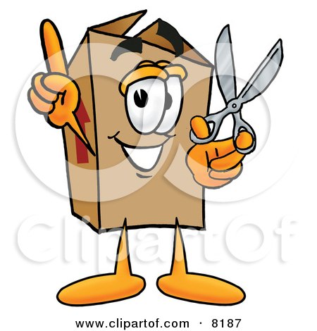 Clipart Picture of a Cardboard Box Mascot Cartoon Character Holding a Pair of Scissors by Mascot Junction
