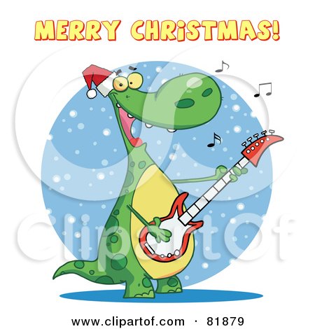 Royalty-Free (RF) Clipart Illustration of a Merry Christmas Greeting Over A Dinosaur Playing Christmas Music On A Guitar by Hit Toon