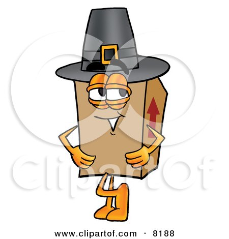Clipart Picture of a Cardboard Box Mascot Cartoon Character Wearing a Pilgrim Hat on Thanksgiving by Mascot Junction