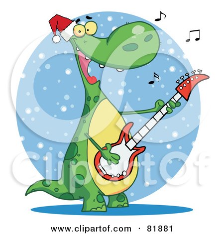 Royalty-Free (RF) Clipart Illustration of a Singing Dinosaur Wearing A Santa Hat And Playing Christmas Music On A Guitar Over A Blue Snowy Oval by Hit Toon