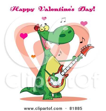 Royalty-Free (RF) Clipart Illustration of a Happy Valentines Day Greeting Of A Romantic Guitarist Dinosaur Singing by Hit Toon