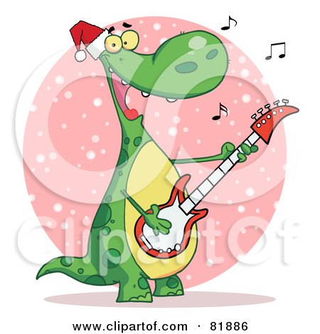 Royalty-Free (RF) Clipart Illustration of a Singing Dinosaur Wearing A Santa Hat And Playing Christmas Music On A Guitar Over A Pink Snowy Oval by Hit Toon