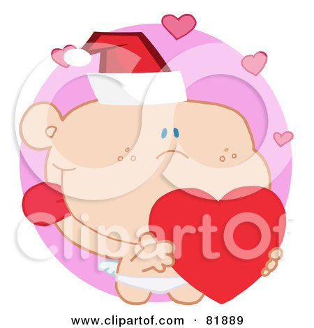 Royalty-Free (RF) Clipart Illustration of a Christmas Cupid Wearing A Santa Hat And Holding A Heart - Version 3 by Hit Toon