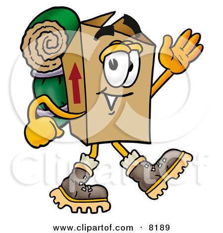 Clipart Picture of a Cardboard Box Mascot Cartoon Character Hiking and Carrying a Backpack by Mascot Junction