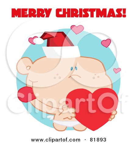 Royalty-Free (RF) Clipart Illustration of a Merry Christmas Greeting Of Cupid Wearing A Santa Hat And Holding A Heart - Version 4 by Hit Toon