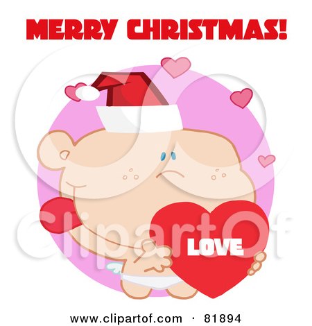 Royalty-Free (RF) Clipart Illustration of a Merry Christmas Greeting Of Cupid Wearing A Santa Hat And Holding A Heart - Version 5 by Hit Toon