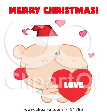 Royalty-Free (RF) Clipart Illustration of a Merry Christmas Greeting Of Cupid Wearing A Santa Hat And Holding A Heart - Version 2 by Hit Toon