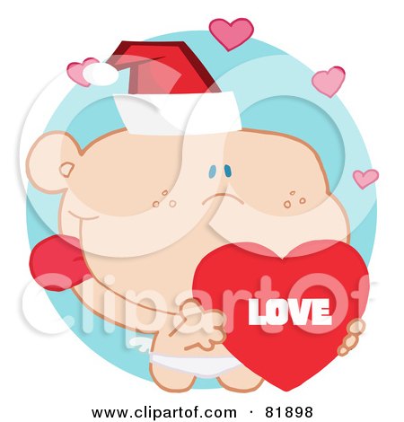 Royalty-Free (RF) Clipart Illustration of a Christmas Cupid Wearing A Santa Hat And Holding A Heart - Version 6 by Hit Toon