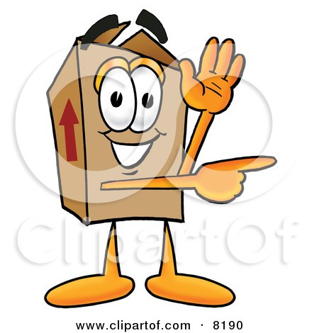 Clipart Picture of a Cardboard Box Mascot Cartoon Character Waving and Pointing by Mascot Junction