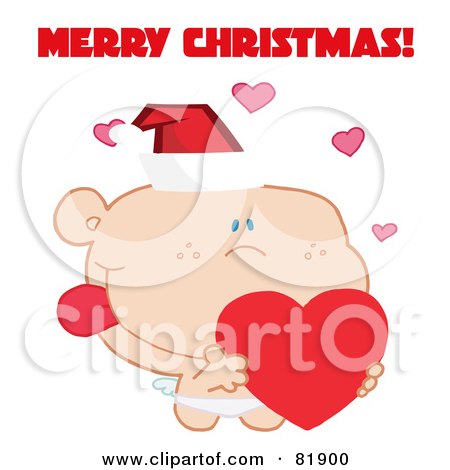 Royalty-Free (RF) Clipart Illustration of a Merry Christmas Greeting Of Cupid Wearing A Santa Hat And Holding A Heart - Version 1 by Hit Toon