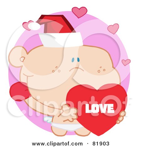 Royalty-Free (RF) Clipart Illustration of a Christmas Cupid Wearing A Santa Hat And Holding A Heart - Version 4 by Hit Toon