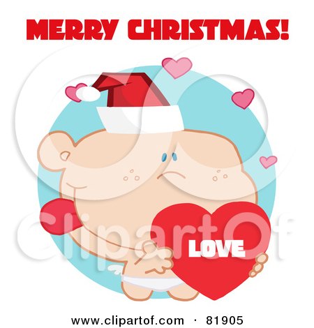 Royalty-Free (RF) Clipart Illustration of a Merry Christmas Greeting Of Cupid Wearing A Santa Hat And Holding A Heart - Version 6 by Hit Toon