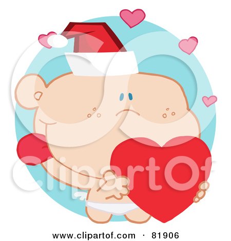 Royalty-Free (RF) Clipart Illustration of a Christmas Cupid Wearing A Santa Hat And Holding A Heart - Version 5 by Hit Toon