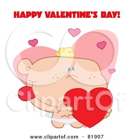 Royalty-Free (RF) Clipart Illustration of a Happy Valentine's Day Greeting Of A Cupid Holding A Heart - Version 1 by Hit Toon