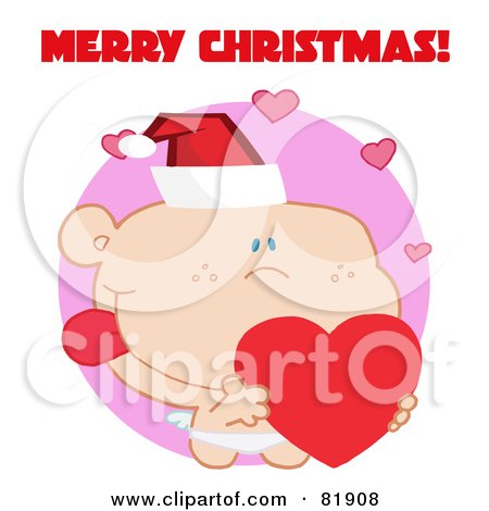 Royalty-Free (RF) Clipart Illustration of a Merry Christmas Greeting Of Cupid Wearing A Santa Hat And Holding A Heart - Version 3 by Hit Toon