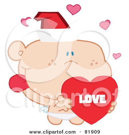 Royalty-Free (RF) Clipart Illustration of a Christmas Cupid Wearing A Santa Hat And Holding A Heart - Version 2 by Hit Toon
