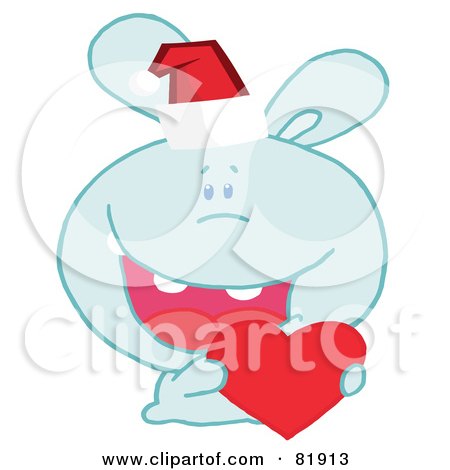 Royalty-Free (RF) Clipart Illustration of a Blue Christmas Bunny Wearing A Santa Hat And Holding A Heart by Hit Toon