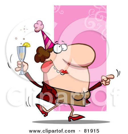 Royalty-Free (RF) Clipart Illustration of a Drunk Dancing Woman Holding Bubbly At A Party by Hit Toon