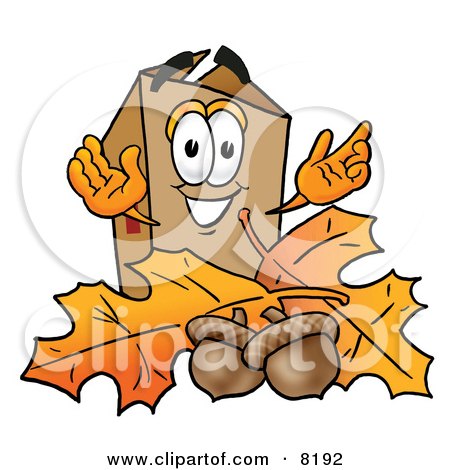 Clipart Picture of a Cardboard Box Mascot Cartoon Character With Autumn Leaves and Acorns in the Fall by Mascot Junction