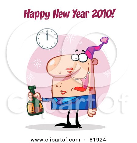 Royalty-Free (RF) Clipart Illustration of a Happy New Year Greeting Of A Man Covered In Lipstick Kisses, Drinking At A New Years Party - Version 3 by Hit Toon