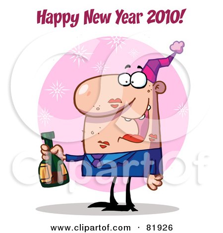 Royalty-Free (RF) Clipart Illustration of a Happy New Year Greeting Of A Man Covered In Lipstick Kisses, Drinking At A New Years Party - Version 1 by Hit Toon