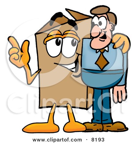 Clipart Picture of a Cardboard Box Mascot Cartoon Character Talking to a Business Man by Mascot Junction