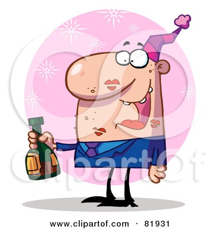 Royalty-Free (RF) Clipart Illustration of a Man Covered In Lipstick Kisses, Drinking At A New Years Party by Hit Toon