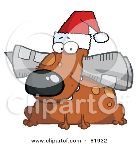 Royalty-Free (RF) Clipart Illustration of a Christmas Dog Wearing A Santa Hat And Chewing On A Newspaper by Hit Toon