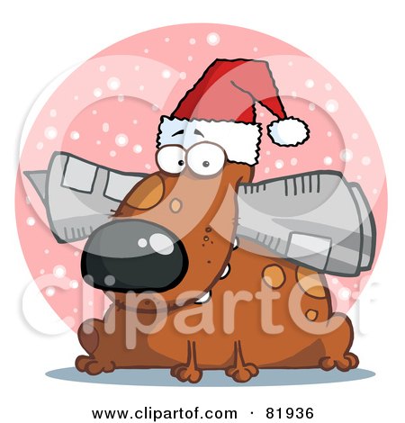 Royalty-Free (RF) Clipart Illustration of a Dog Wearing A Santa Hat And Chewing On A Newspaper In Front Of A Pink Snowy Circle by Hit Toon