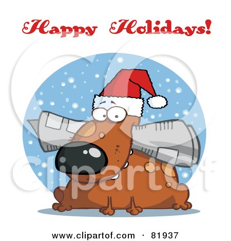 Royalty-Free (RF) Clipart Illustration of a Happy Holidays Greeting Of A Christmas Dog Chewing On A Newspaper by Hit Toon