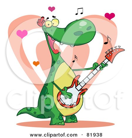 Royalty-Free (RF) Clipart Illustration of a Romantic Guitarist Dinosaur Singing A Love Song With Hearts by Hit Toon