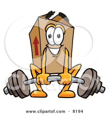 Clipart Picture of a Cardboard Box Mascot Cartoon Character Lifting a Heavy Barbell by Mascot Junction