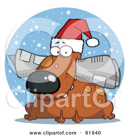 Royalty-Free (RF) Clipart Illustration of a Dog Wearing A Santa Hat And Chewing On A Newspaper In Front Of A Blue Snowy Circle by Hit Toon
