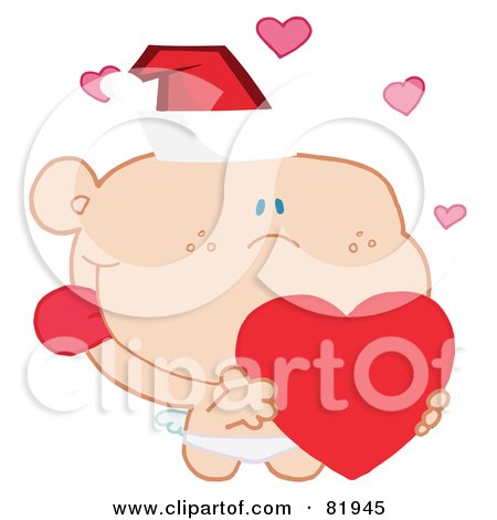 Royalty-Free (RF) Clipart Illustration of a Christmas Cupid Wearing A Santa Hat And Holding A Heart - Version 1 by Hit Toon