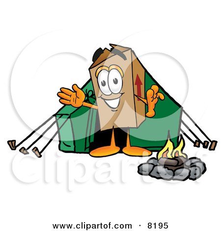 Clipart Picture of a Cardboard Box Mascot Cartoon Character Camping With a Tent and Fire by Mascot Junction