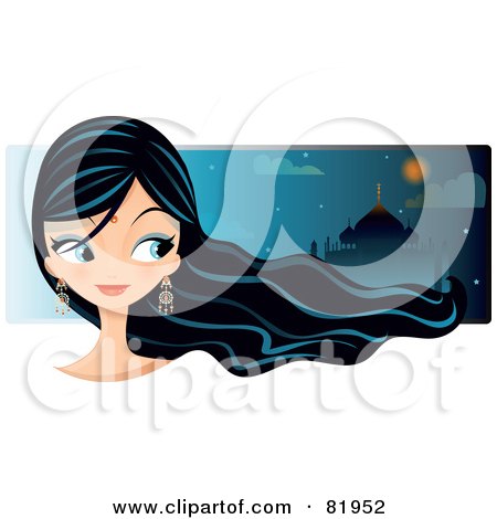 Royalty-Free (RF) Clipart Illustration of a Black Haired Bollywood Girl Wearing A Bindi, Glancing Right by Melisende Vector