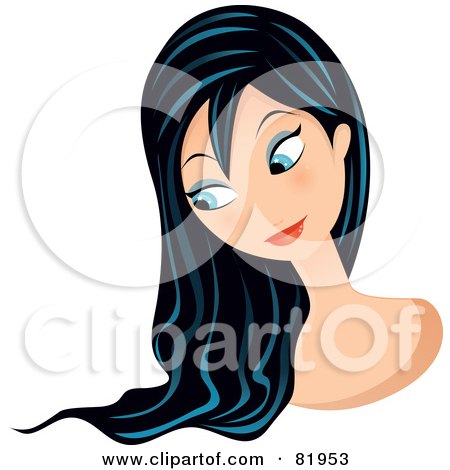 Royalty-Free (RF) Clipart Illustration of a Blue Eyed, Black Haired Woman Looking Down At Her Long Hair by Melisende Vector