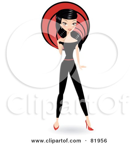 Royalty-Free (RF) Clipart Illustration of a Stylish Black Haired Woman In A Retro Black Jumpsuit, In Front Of A Red Circle by Melisende Vector