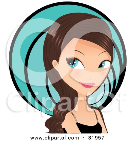 Royalty-Free (RF) Clipart Illustration of a Blue Eyed Brunette Woman Looking Up To The Left Over Her Shoulder, In Front Of A Blue Circle by Melisende Vector