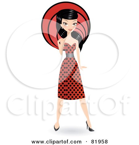 Royalty-Free (RF) Clipart Illustration of a Stylish Black Haired Woman In A Retro Polka Dot Dress, In Front Of A Red Circle by Melisende Vector