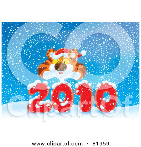 Royalty-Free (RF) Clipart Illustration of a Tiger Wearing A Santa Hat And Looking Over A Red 2010 In The Snow by Alex Bannykh